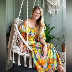 J Crew Belted Midi Dress Off Shoulder Ruffle Tropical Floral Print Size S NWT